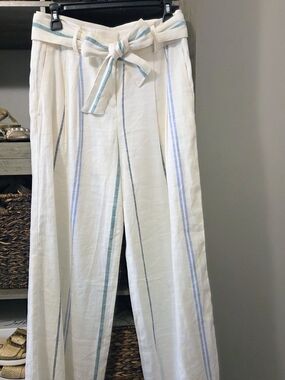 ANN TAYLOR LOFT Cream Wide-Leg Stripe Tie-Waist Pants